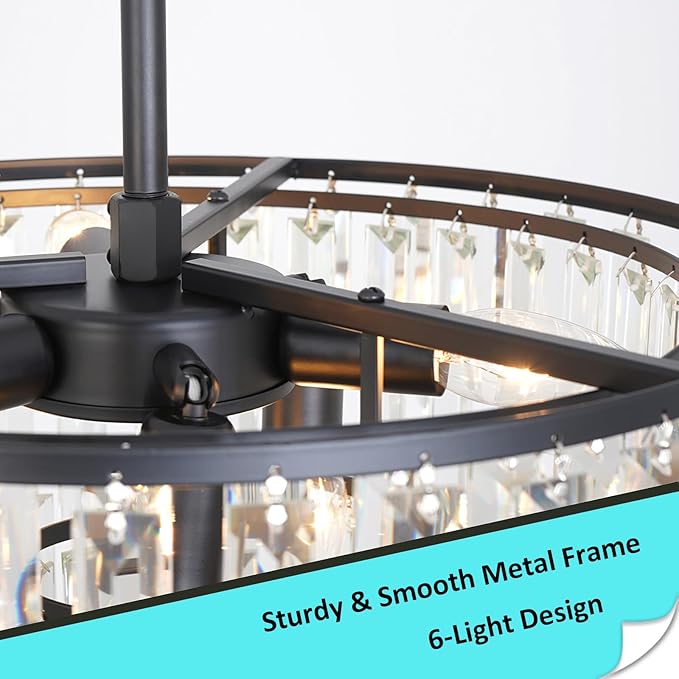 Modern Black Crystal Chandelier, 18" Round Chandeliers for Dining Room 4-Tier 6 Lights Luxury Top K9 Crystal Ceiling Pendant Light Fixture for Foyer Bedroom Closet
