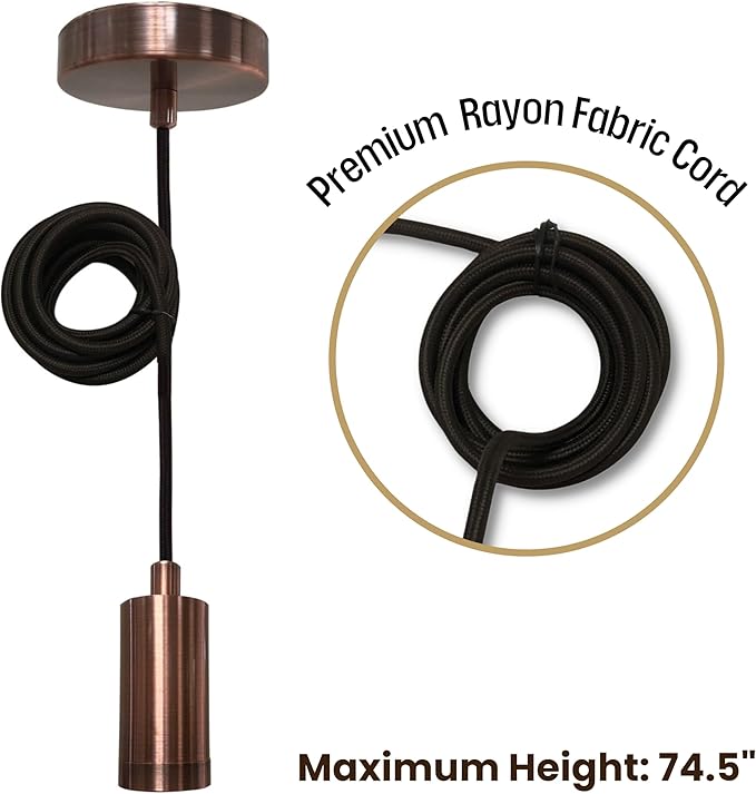 Royal Designs, Inc. Hanging Pendant Lighting, Keyless Cylinder-Shaped Pendant Light Socket and Canopy, Antique Copper with Brown Rayon Fabric Cord