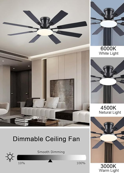 JSAITEE 60Inch Ceiling Fan with Lights and Remotes, Large Low Profile Flush Mount Ceiling Fans,DC Reversible Motor, 3CCT Dimmable,Noiseless,Dual Finish, Black 6 Speeds Ceiling Fan for Indoor/Outdoor