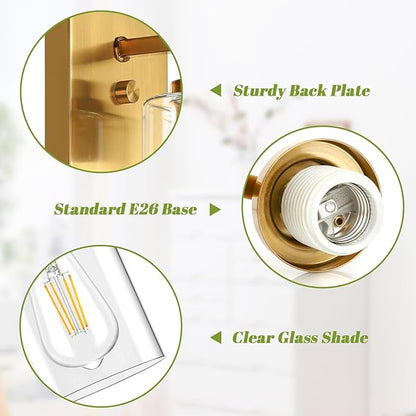 VerRon Wall Sconces, Gold Bathroom Light Fixtures, Modern Vanity Lights, Sconces Wall Lighting with Clear Glass, Sconces Wall Decor Set of 2, Light Fixture for Mirror, Living Room, Bedroom, Hallway
