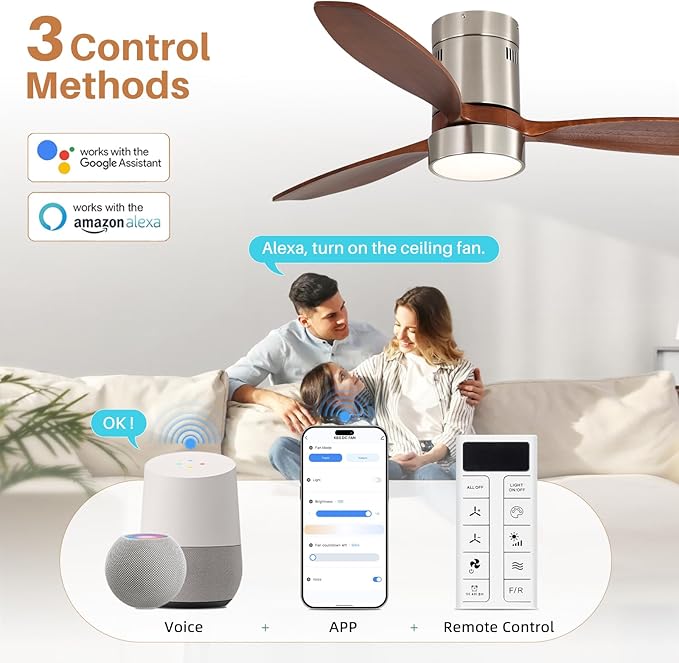 Sofucor 52 Inch Smart Ceiling Fans with Light-Modern Solid Wood Outdoor 3 Blades Ceiling Fan with Alexa/Google/APP/Remote Control for Bedroom Living Room Indoor Farmhouse Patio,DC Motor,Silver & Brown