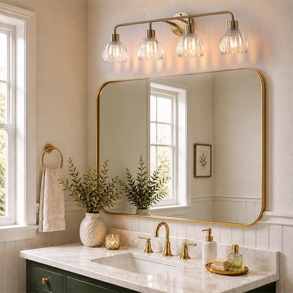 4-Light Gold Brass Bathroom Light Fixture with Clear Tulip Glass Shade,Wall Sconces,Vintage Vanlity Light Over Mirror,Bathroom Wall Light,E26 Socket(Bulbs Not Included) ASIN B0FVG