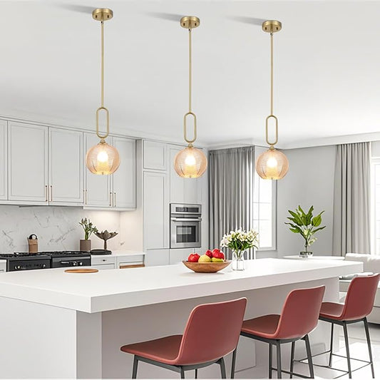 Amber Glass Pendant Light Modern Globe Pendant Lighting Nordic Ribbed Gold Ceiling Hanging Chandelier with Brushed Brass Adjustable Rods Dining Room Kitchen Island Light Fixture