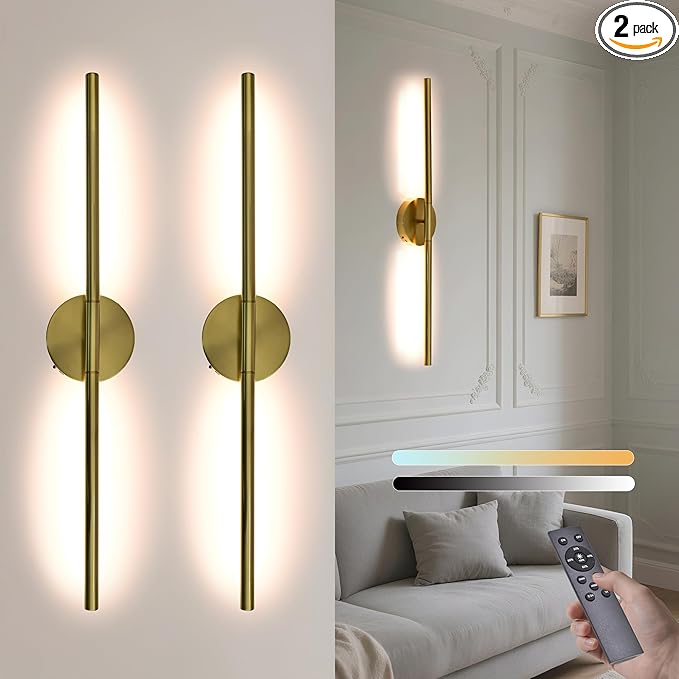Wireless Wall Sconces Set of 2 ，28Inch Battery Operated Wall Lights with Remote Control，360°Rotate Dimmable led Wall Lamp for Living Room and Hallway (Gold)