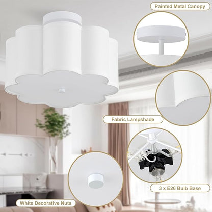 13.3"Semi Flush Mount Ceiling Light Fixture, 3-Light Modern Close to Ceiling Light With Fabric Flower-Shaped Shade, Light Fixtures Ceiling Mount for Bedroom Nursery Kids Room Living Room(White)