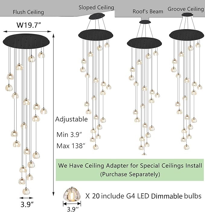HAIXIANG LED Glam Chandelier 138 inches Long Light Luxury Crystal Ceiling Chandeliers Remote Dimmable High Ceiling Pendants Lighting Fixtures Black 20 Lights