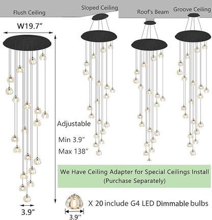 HAIXIANG LED Glam Chandelier 138 inches Long Light Luxury Crystal Ceiling Chandeliers Remote Dimmable High Ceiling Pendants Lighting Fixtures Black 20 Lights