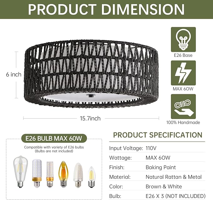 Boho Flush Mount Ceiling Light, 3-Light Rattan Light Fixture Bedroom Light Fixtures 15.7" Modern Black Ceiling Light for Nursery Hallway Entryway Kitchen Dining Room