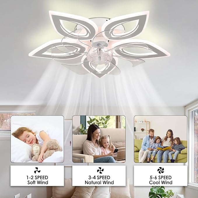 Ceiling Fans with Lights 20" Low Profile Flush Mount Fandelier Fan Lights Ceiling Fixtures with Remote/APP Control Dimmable 6 Speeds Reversible for Bedroom Chandelier Fan Living Room Kitchen