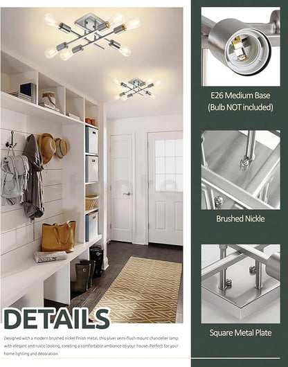 6-Light Semi Flush Mount Ceiling Light Fixture, Industrial Brushed Nickel Close to Ceiling Lighting, Modern E26 Base Sputnik Chandelier Ceiling Lamp for Kitchen Bedroom Living Room Hallway