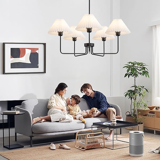 Farmhouse Chandelier, 5-Light Modern Chandelier with White Pleated Fabric Shades, Black Dining Room Light Fixture Chandelier for Dining Room Bedroom Hallway Kitchen Island, Height Adjustable