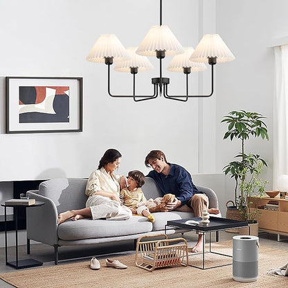 Farmhouse Chandelier, 5-Light Modern Chandelier with White Pleated Fabric Shades, Black Dining Room Light Fixture Chandelier for Dining Room Bedroom Hallway Kitchen Island, Height Adjustable