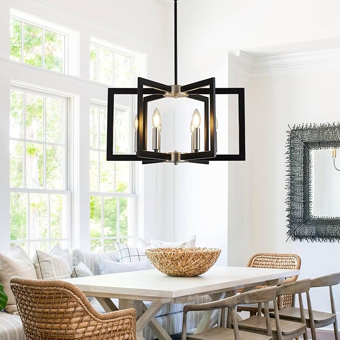 21.6" Dining Room Light Fixture, 6-Light Black+Brushed Nickel Farmhouse Chandeliers for Dining Room, Industrial Hanging Pendant Lights Fixture for Kitchen Island, Bedroom, Entryway, Foyer, Entryway