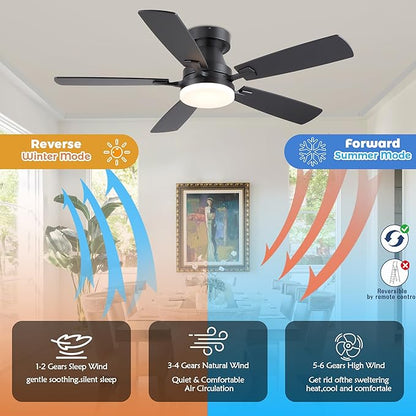 48” Ceiling Fans with Lights, Flush Mount Ceiling Fan with Light And Remote/APP, Low Profile Ceiling Fan with Light, Reversible, 6 Speed Noiseless LED Ceiling Fan, Black Ceiling Fan for Bedroom