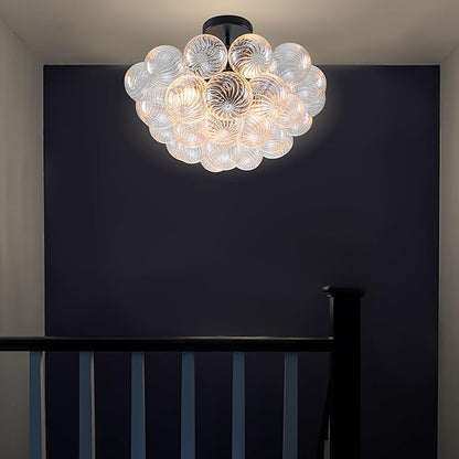 Hand Blown Glass Bubble Ball Chandelier Black Finish 20" Semi Flush Mount Ceiling Light Fixture Art Deco Cluster Ribbed Glass Globe Chandeliers Lighting for Dining Room Entry Living Bedroom