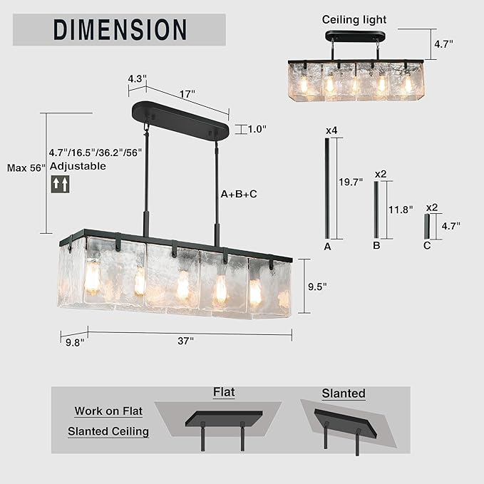 IKK Modern Textured Glass Chandeliers for Dining Room, 37" Rectangular Island Light Fixture, Rectangle Farmhouse Lighting for Kitchen Island, Living Room, L37 x W9.8 x H9.5