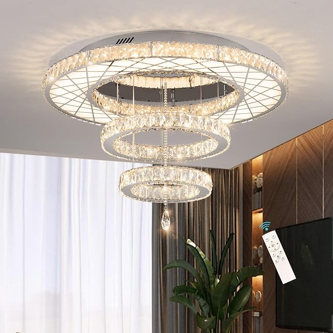HAIXIANG Crystal Glam Chandelier LED Ceiling Light Dining Bedroom Interior Lighting Fixtures Remote Dimmable Ceiling Chandeliers 24 Inches Silver Light