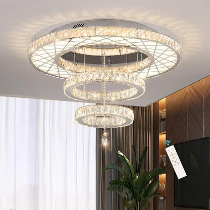 HAIXIANG Crystal Glam Chandelier LED Ceiling Light Dining Bedroom Interior Lighting Fixtures Remote Dimmable Ceiling Chandeliers 24 Inches Silver Light