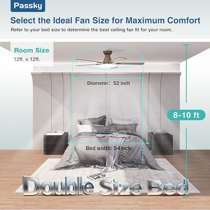 Passky Ceiling Fans with Lights, 52 inch Flush Mount Ceiling fan with Remote Control, Low Profile Ceiling Fan for Bedroom, Farmhouse, Reversible, 3CCT, Dimmable, Noiseless DC Motor, Brown
