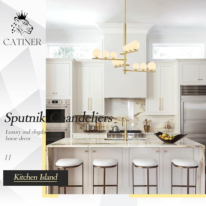 CATINER 12 Lights Gold Sputnik Chandeliers L36”Mid Century Ceiling Pendant Lighting with Milk Glass Globe Shades Modern Chandelier for High Ceiling Foyer Living Room Dining Room