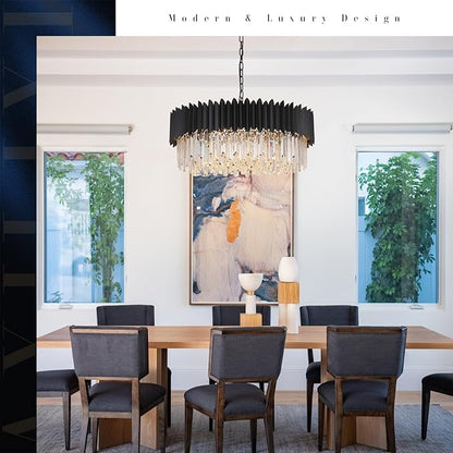 Large Crystal Chandelier Modern Black Chandelier for High Ceiling 12 Lights Large Staircase Lighr Round Pendant Light Fixture Hanging Ceiling Light for Dining Room Living Room Entryway Foyer