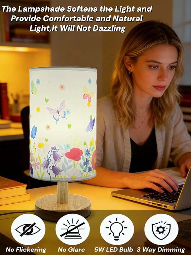 Butterfly Flower Kids Table Lamp for Bedroom Girls Bedside Lamps-3 Way Dimmable Wood Base Nightstand Nightlight with Butterflies Pattern Lampshade for Boy Girls Room Home Decor,Butterfly Gift for Girl