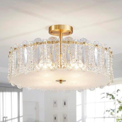 AGV LIGHTING Flush Mount Chandelier Light Fixture, Modern Gold Chandelier, D20 x H10, E12 Base 4-Lights, Glass Shade & Brass Finish