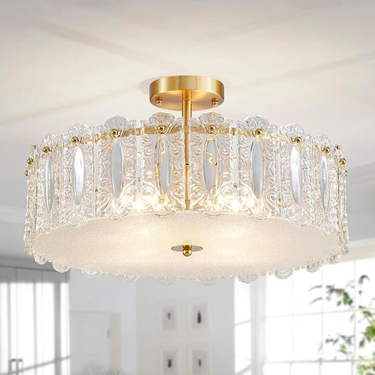 AGV LIGHTING Flush Mount Chandelier Light Fixture, Modern Gold Chandelier, D20 x H10, E12 Base 4-Lights, Glass Shade & Brass Finish