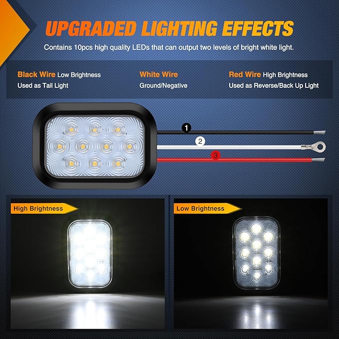 Nilight 5” X 3” Rectangular Trailer Tail Light 2 PCS White 10 LED Back Up Reverse Lights w/Flush Mount Grommets Plugs IP67 Waterproof for 12V Truck ATV UTV Bus RV Camper