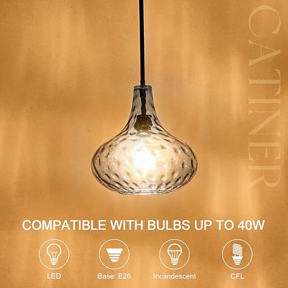 CATINER 11" Hand-Blown Blue Glass Pendant Light, Modern Hammered Glass Hanging Light Fixture with Black Finish, Adjustable Ceiling Pendant Lighting for Kitchen Island, Dining Room, Living Room