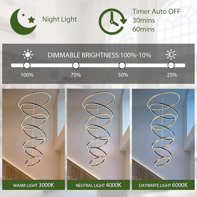 7 Ring LED Chandelier Black Gold Chandelier Large Dimmable Circular Chandeliers Light High Ceiling Round Chandeliers for Foyer Staircase Living Room 31in