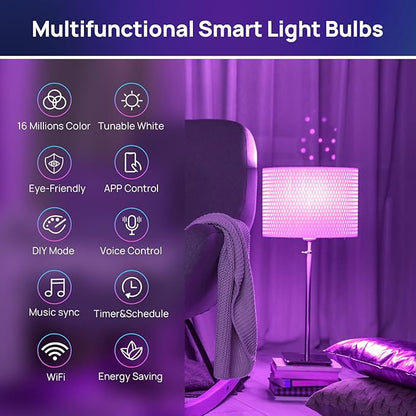 Consciot Smart LED Light, WiFi Color-Changing A19 E26 Lamp Compatible with Alexa & Google Home, 60W Equivalent, Music Sync, Dimmable, 4 Pack