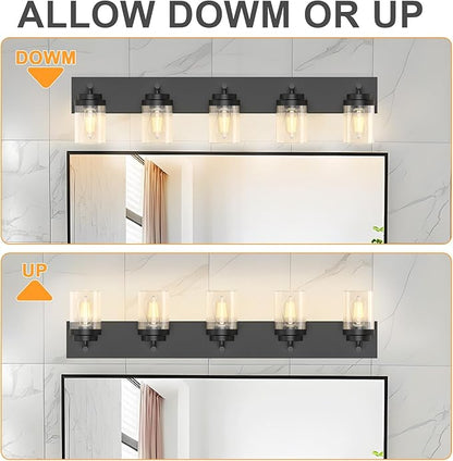IZORRO Bathroom Vanity Light Fixture, 5-Light 36 Inch Matte Black Bathroom Light Fixtures Over Mirror, with Clear Glass Shade, Modern Farmhouse Vanity Lights, Rustic Restroom Lighting Fixtures