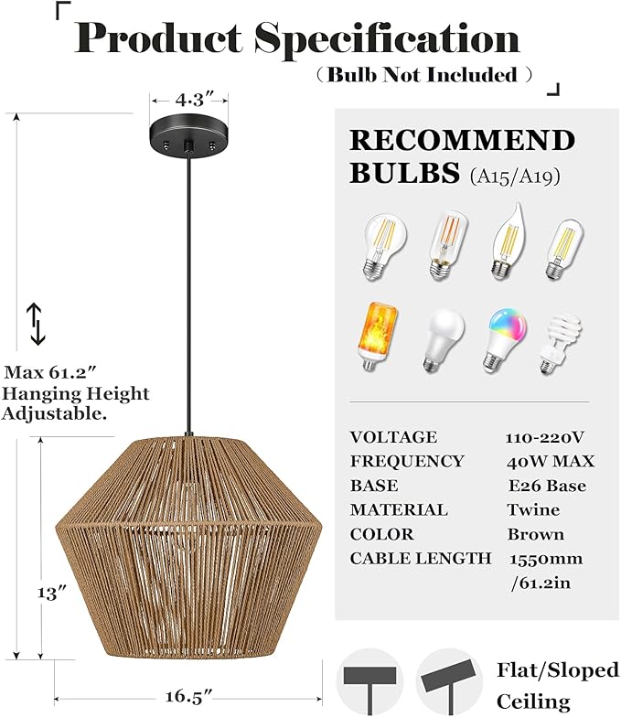 ELYONA 17” Woven Pendant Light, Modern Boho Chandelier Handwoven Rattan Basket Shade, Rustic Pendant Light Fixtures Farmhouse Ceiling Hanging Lamp for Dining Room, Kitchen Bedroom, Entryway, Foyer