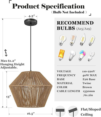 ELYONA 17” Woven Pendant Light, Modern Boho Chandelier Handwoven Rattan Basket Shade, Rustic Pendant Light Fixtures Farmhouse Ceiling Hanging Lamp for Dining Room, Kitchen Bedroom, Entryway, Foyer