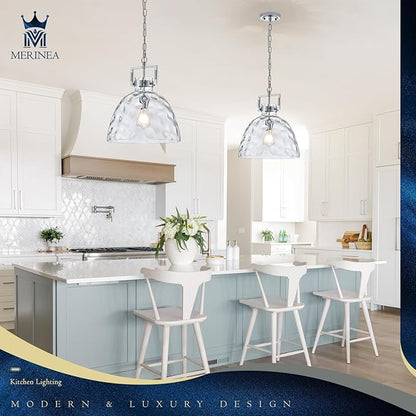 Glass Pendant Light, 13.8 Inch Single Hanging Ceiling Light with Adjustable Chain, E26 Base Oversized Hammered Clear Glass Kitchen Island Pendant Lighting in Polished Chrome for Dining Room, Entryway