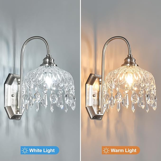 2-Pack Vintage Wall Sconce,Glass Crystal Wall Sconce,Matte Brushed Antique Nickel Finish Set of Two for Bedroom Bathroom Hallway Living Room Decor