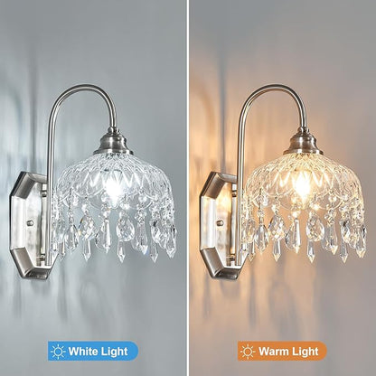 2-Pack Vintage Wall Sconce,Glass Crystal Wall Sconce,Matte Brushed Antique Nickel Finish Set of Two for Bedroom Bathroom Hallway Living Room Decor
