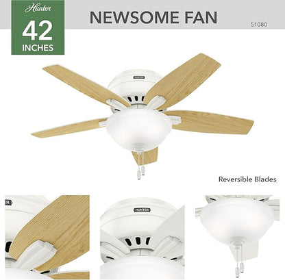 Hunter 42 inch Indoor Ceiling Fan with LED Light - White Ceiling Fan with Pull Chain, For Bedroom or Living Room, Low Profile Flush Mount, No Remote, 5 Blades - Newsome 51080, Fresh White