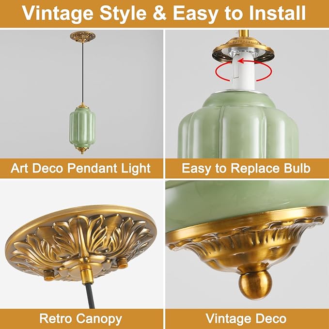Green Glass Pendant Light, 5.5in Small Schoolhouse Light Fixture, LED Bulb Included, Vintage Art Deco Chandelier for Kitchen Island Dining Room Bedroom Hallway, Green & Antique Gold 1 Pack