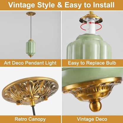 Green Glass Pendant Light, 5.5in Small Schoolhouse Light Fixture, LED Bulb Included, Vintage Art Deco Chandelier for Kitchen Island Dining Room Bedroom Hallway, Green & Antique Gold 1 Pack