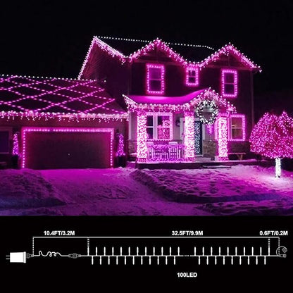 100 LED Pink Valentine Lights, 32.5ft 16Modes Valentine Room Lights, connectable Plug in Pink Christmas String Light Indoor Outdoor for Christmas Bedroom Valentines Party Galentine's Day Decoration