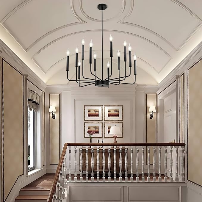 WOKNOS Modern Black Farmhouse Chandeliers, 12-Light Industrial Metal Chandelier Lighting, Classic Candle Hanging Pendant Light Fixtures for Living Room, Dining Room, Kitchen, Bedroom, Entryway