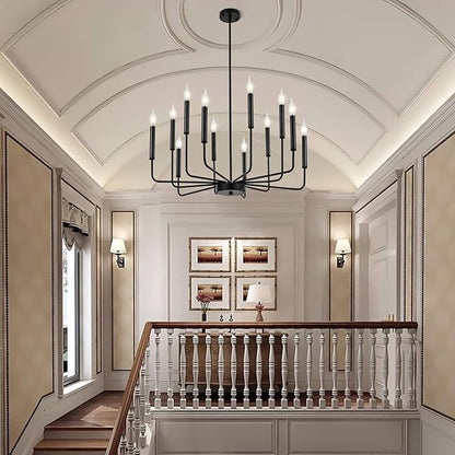 WOKNOS Modern Black Farmhouse Chandeliers, 12-Light Industrial Metal Chandelier Lighting, Classic Candle Hanging Pendant Light Fixtures for Living Room, Dining Room, Kitchen, Bedroom, Entryway