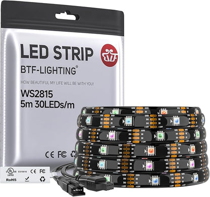 BTF-LIGHTING WS2815 (Upgraded WS2812B) LED Strip Light,UL Listed,16.4FT 150 LED/Pixels,Flexible Chasing RGB,Dual Signal Individually Addressable,5050SMD,3M Tape,DC12V IP65(No Adapter or Controller)
