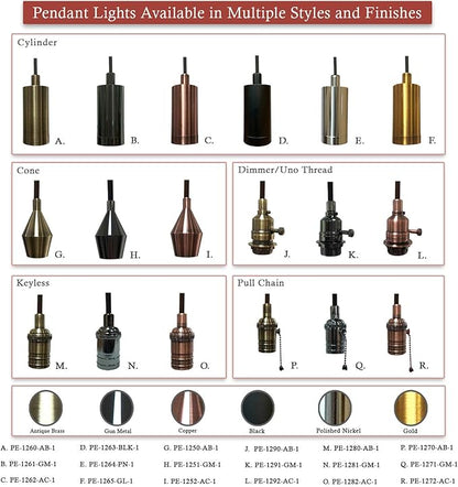 Royal Designs, Inc. Hanging Pendant Lighting, Vintage-Style Keyless Uno Threaded Dimmable Pendant Light Socket and Canopy, Antique Brass with Brown Rayon Fabric Cord