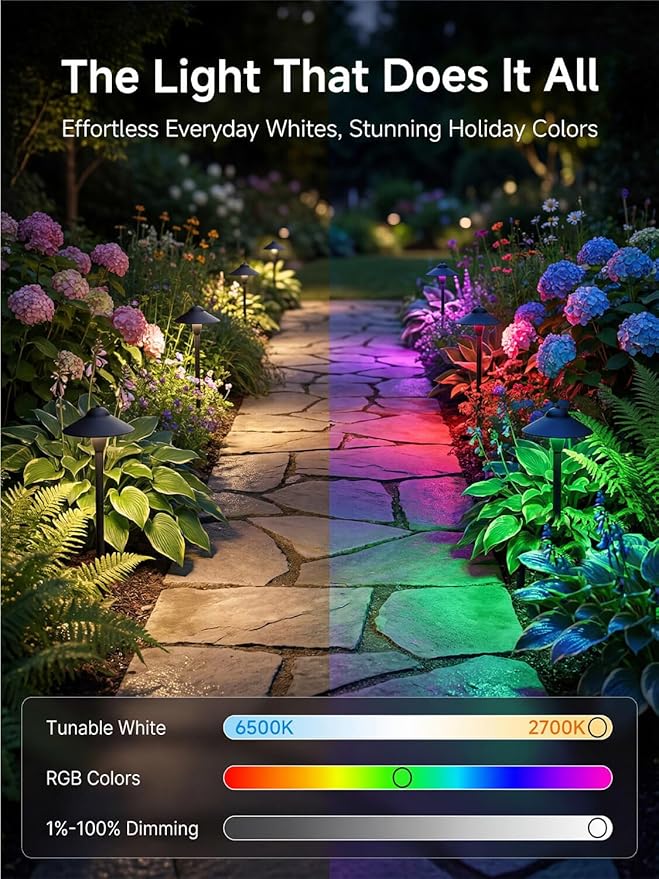 RGBCW Smart Low Voltage Path Light, 12v Black Landscape Lighting with Bluetooth APP Control, Dimmable Warm/Daylight 2700K-6500K G4 Bulb, Large Hat IP65 Waterproof for Walkway Yard 1 Pack