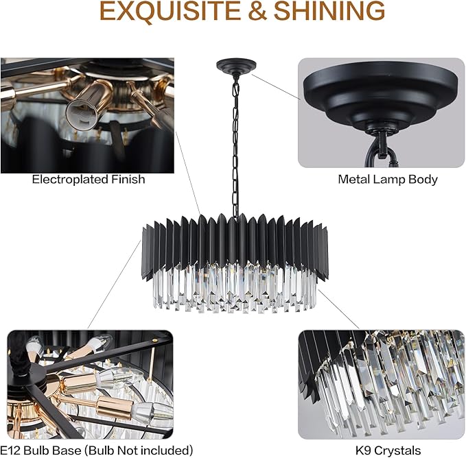 Black Crystal Chandelier 3-Tier Modern Large Crystal Chandelier Semi Flush Mount Chandelier Light Round Ceiling Light Fixture Ceiling Lamp Chandelier for Dining Room Living Room Bedroom