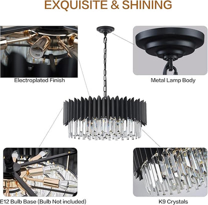 Black Crystal Chandelier 3-Tier Modern Large Crystal Chandelier Semi Flush Mount Chandelier Light Round Ceiling Light Fixture Ceiling Lamp Chandelier for Dining Room Living Room Bedroom