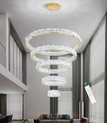 Modern High Ceiling Crystal Chandelier 90W Dimmable LED Chandeliers with Remote Luxury Height Adjustable Large Lighting Fixtures for Living Room Staircase Foyer Gold